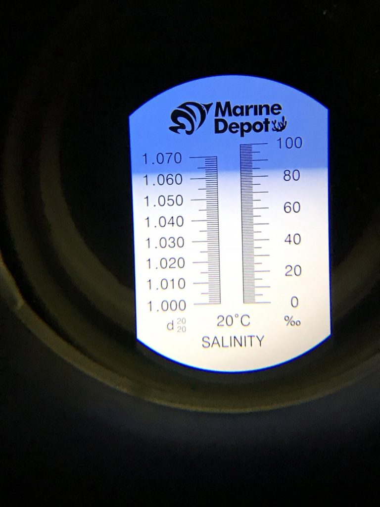 Hypersaline (1.0649SG) light refractometer reading. 