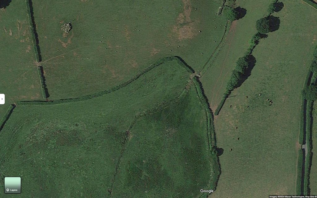 Zoomed in view of landscape west of Chagford, Dartmoor, Devon, England. Cattle and sheep are graze in these open fields. Google Maps satellite view. 